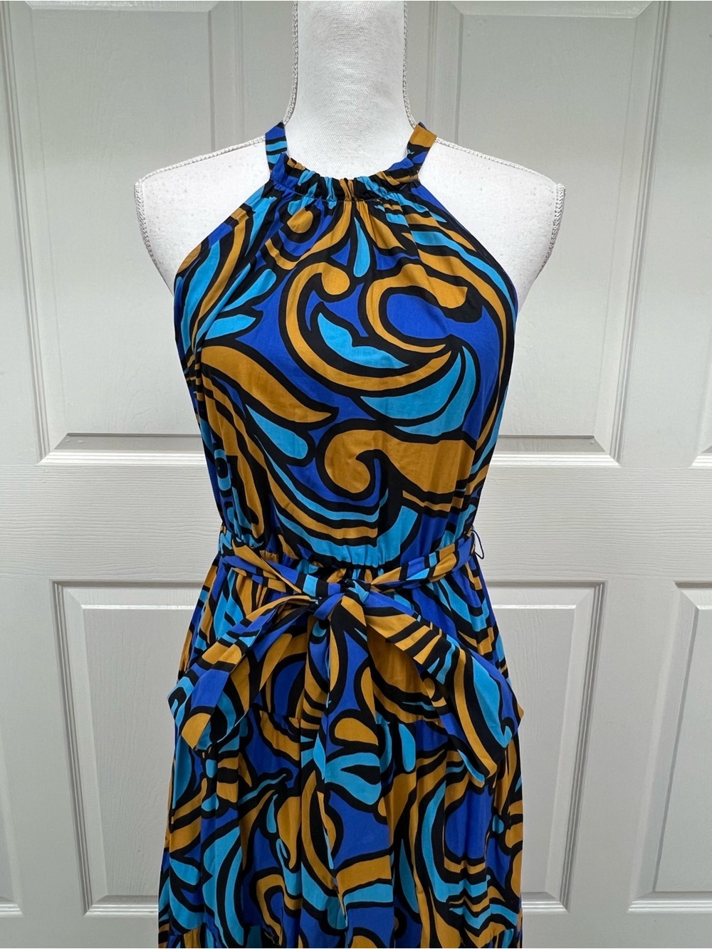 Zara Printed Halter Maxi Dress in Blue Orange Size S NWT - Picture 5 of 13